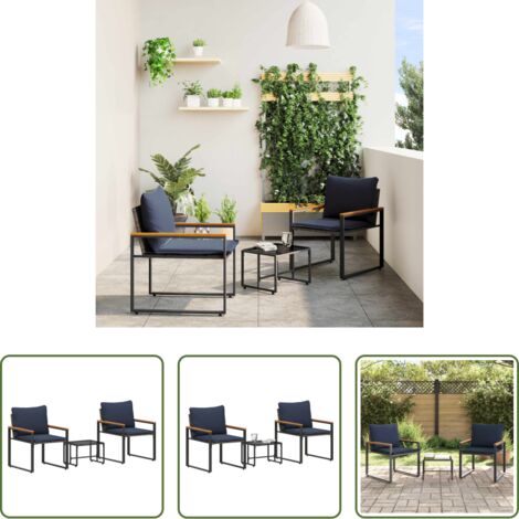 vidaXL Muebles de terraza -  Juegos de muebles con cojín 3 pcs Gris y azul marino Ratán