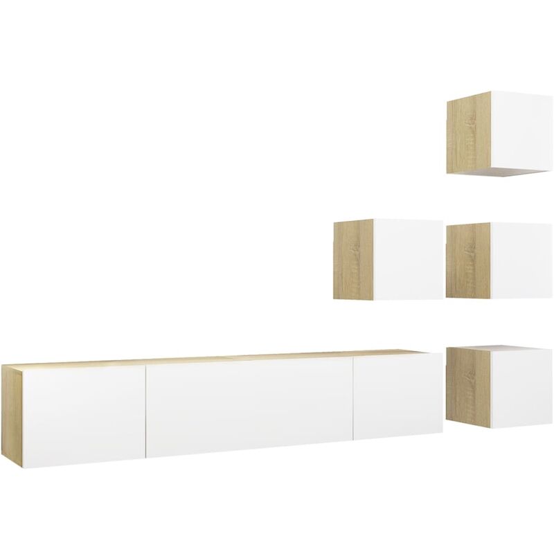 

Muebles de TV 6 pzas aglomerado blanco y roble Sonoma - Beige - Vidaxl