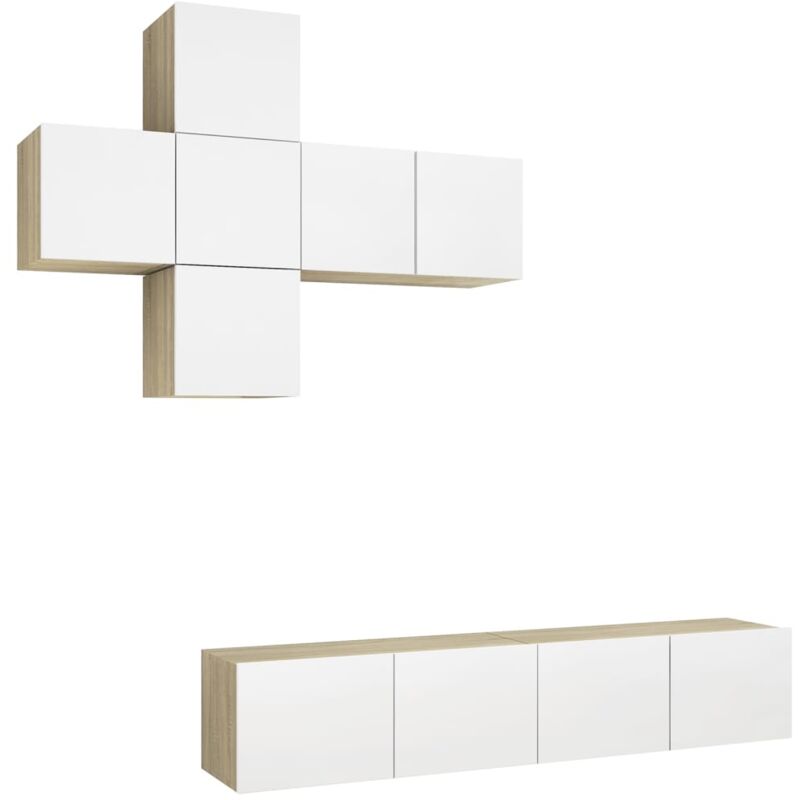 

Muebles de TV 7 pzas aglomerado blanco y roble Sonoma - Beige - Vidaxl