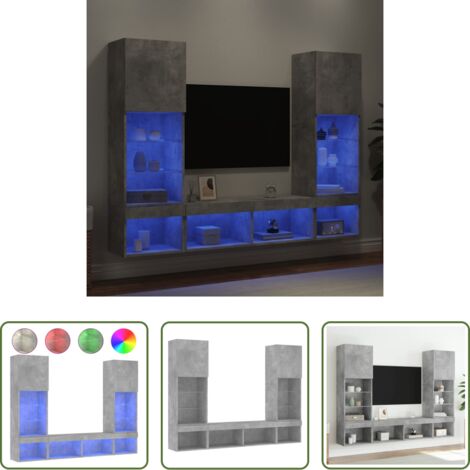 vidaXL Muebles de TV -  Muebles TV pared con LED 5 pzas madera ingeniería gris hormigón