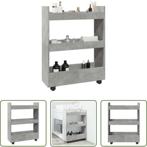 vidaXL Muebles decorativos - Carro de almacenaje estrecho 3 niveles madera gris hormigón