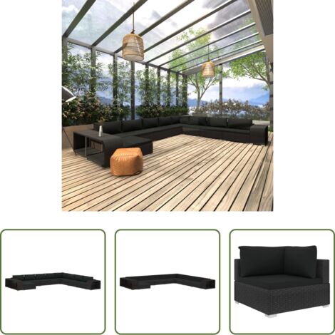 vidaXL Muebles modulares -  Muebles de jardín de 11 piezas con cojines ratán sintético negro
