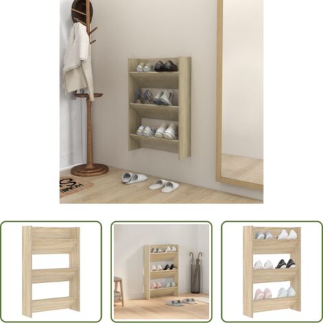 vidaXL Organizador de zapatos -  Zapatero de pared madera contrachapada roble Sonoma 60x18x90 cm