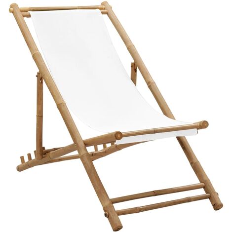 vidaXL Outdoor Deck Chair Bamboo and Canvas - White