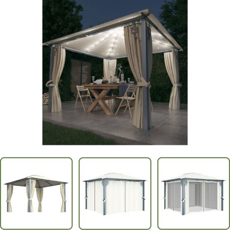 vidaXL Oxford -  Gazebo con Tende Stringa di Luci LED 300x300 cm Crema Alluminio