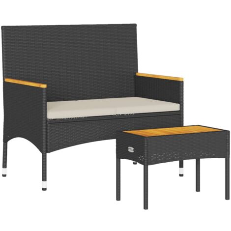 vidaXL Panca da Giardino a 2 Posti Cuscini e Tavolo Nera in Polyrattan