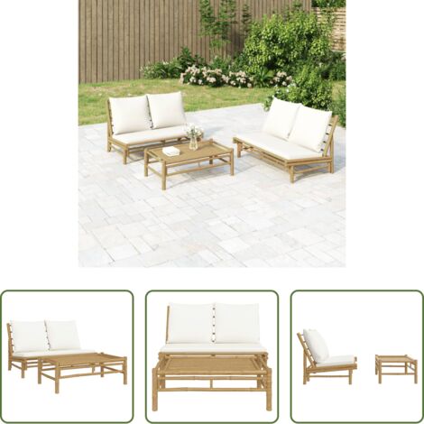 vidaXL Panca da giardino -  Set Salotto da Giardino 2pz con Cuscini Bianco Crema in Bambù