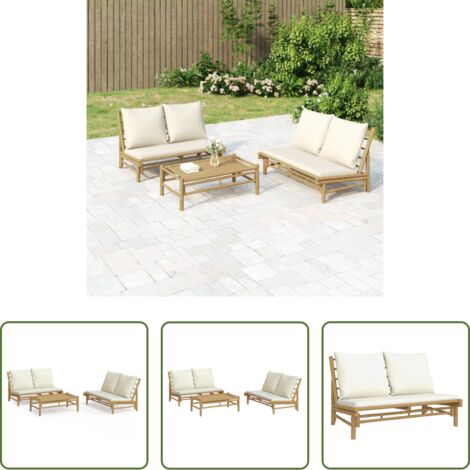 vidaXL Panca da giardino -  Set Salotto da Giardino 3pz con Cuscini Bianco Crema in Bambù