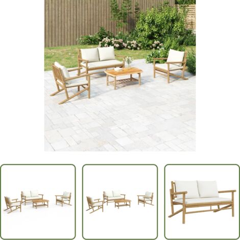 vidaXL Panca da giardino -  Set Salotto da Giardino 4pz con Cuscini Bianco Crema in Bambù