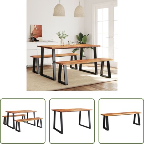 vidaXL Panca in legno -  Set da Pranzo 3 pz con Bordi Vivi in Legno Massello di Acacia