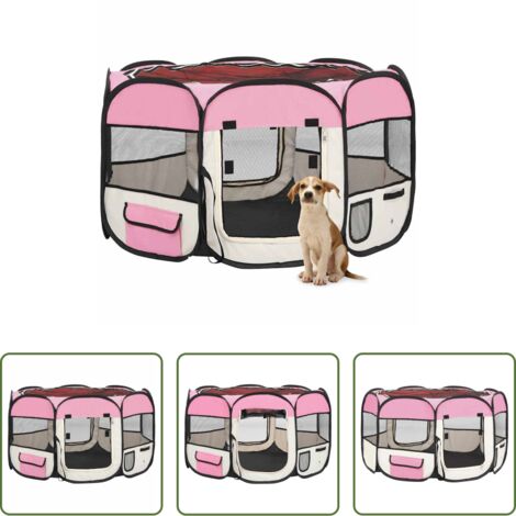 vidaXL Parque para perros rosa -  Parque de perros plegable y bolsa transporte rosa 110x110x58cm