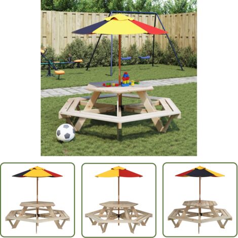vidaXL Picknicktisch für 6 Kinder mit Sonnenschirm Sechseckig Tanne