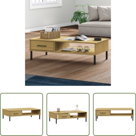 vidaXL Pino -  Mesa de centro patas de metal OSLO madera maciza pino marrón