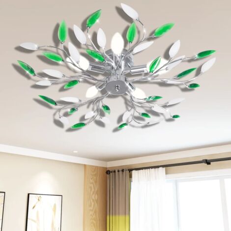 Vidaxl – Plafonnier vert et blanc 70x15cm – Cadre métal et branches acryliques – 5 ampoules E14 – Finition chromée pour salon ou chambre