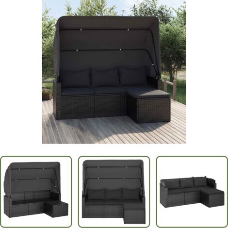 vidaXL Poggiapiedi -  Divano Giardino 3 Posti con Tetto e Poggiapiedi Nero Polyrattan