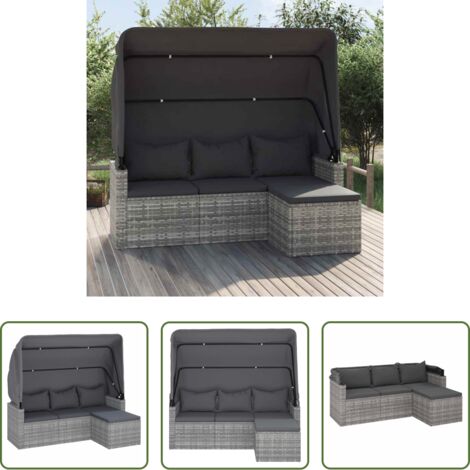 vidaXL Poggiapiedi -  Divano Giardino 3 Posti Tetto e Poggiapiedi Grigio Polyrattan