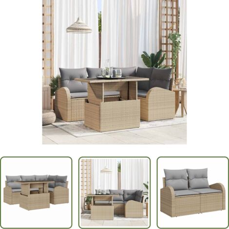 vidaXL Poli rattan -  Set Divano da Giardino con cuscino 5 pcs Beige Poly Rattan