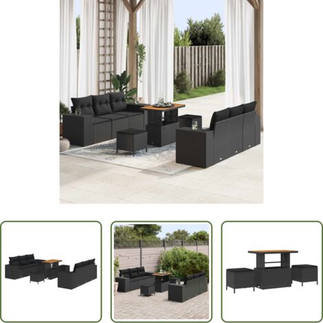 vidaXL Poliestere -  Set Divano da Giardino con cuscino 9 pcs Nero Poly Rattan