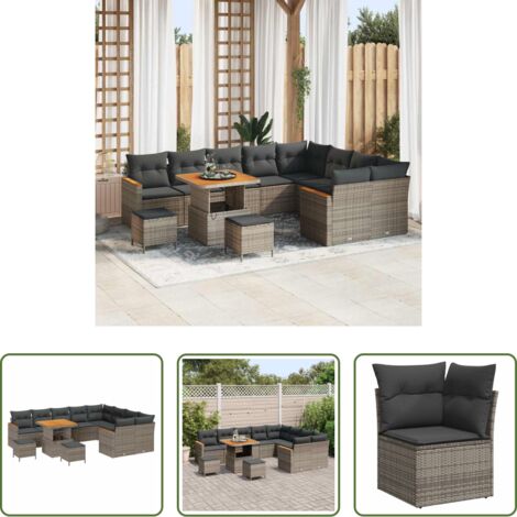 vidaXL Polipropilene -  Set Divano da Giardino 12 pcs Grigio Rattan in Polipropilene