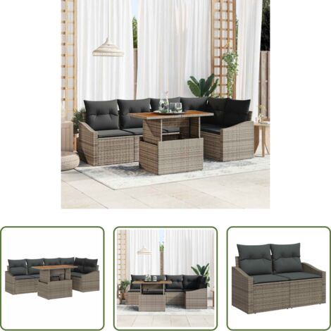 vidaXL Poliratán -  Conjunto de Comedor de Jardín con cojín 6 pcs Gris y marrón