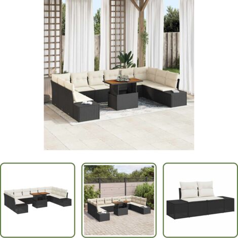 vidaXL Poliratán -  Conjunto de sofá de jardín con cojín 11 pcs Negro y crema
