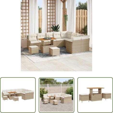 vidaXL Poliratán -  Conjunto de sofá de jardín con cojín 12 pcs Beige y Crema