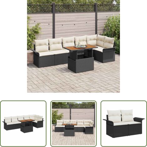 vidaXL Polirattan -  Set Divano da Giardino 7 pcs Nero e Crema polyrattan