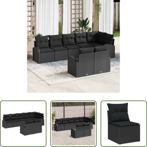 vidaXL Polirattan -  Set Divano da Giardino con cuscino 8 pcs Nero polyrattan