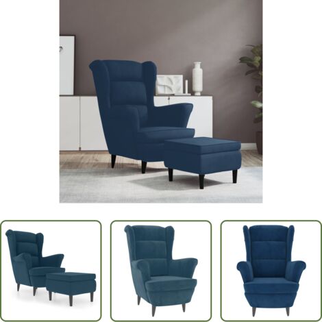 vidaXL Poltrona con braccioli -  Poltrona con Schienale ad Ala con Poggiapiedi Blu in Velluto