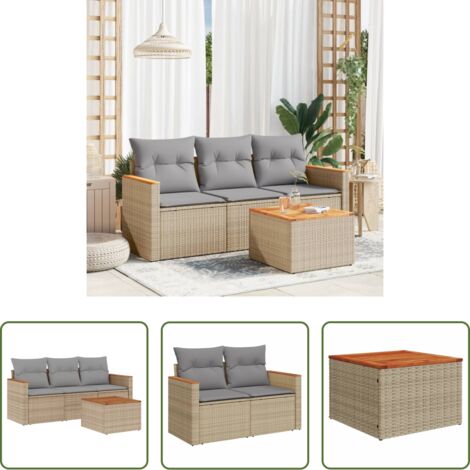 vidaXL Poltrona da giardino -  Set Divano da Giardino 4 pz con Cuscini Beige Misto Polyrattan