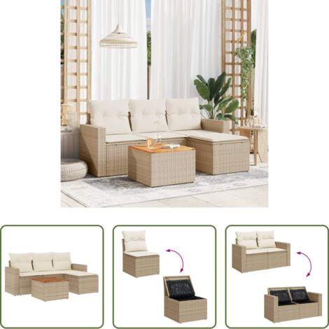 vidaXL Poltrona da giardino -  Set Divano da Giardino 5 pz con Cuscini Beige in Polyrattan