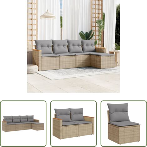 vidaXL Poltrona da giardino -  Set Divano da Giardino 5 pz con Cuscini Beige Misto Polyrattan