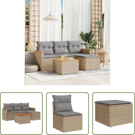 vidaXL Poltrona da giardino -  Set Divano da Giardino 5 pz con Cuscini Beige Misto Polyrattan