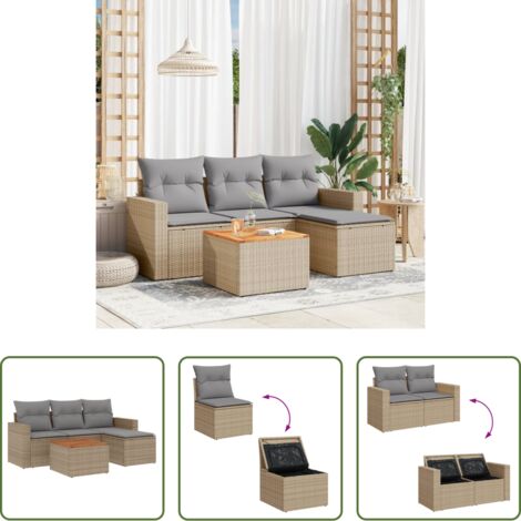 vidaXL Poltrona da giardino -  Set Divano da Giardino 5 pz con Cuscini Beige Misto Polyrattan