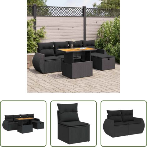 vidaXL Poltrona da giardino -  Set Divano da Giardino 6 pz con Cuscini Nero Polyrattan Acacia