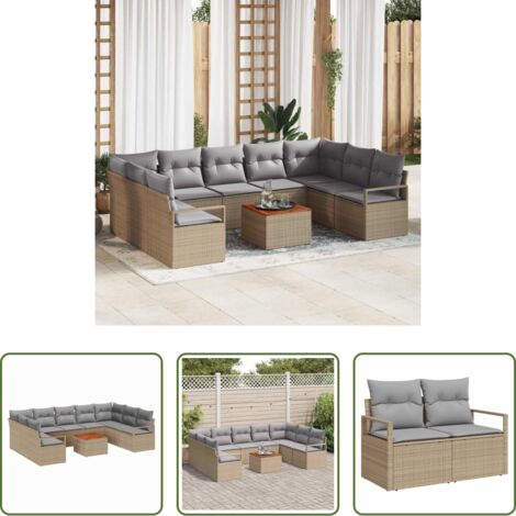 vidaXL Poltrona da giardino -  Set Divano da Giardino con cuscino 10 pcs Beige polyrattan