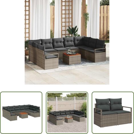 vidaXL Poltrona da giardino -  Set Divano da Giardino con cuscino 10 pcs Grigio polyrattan