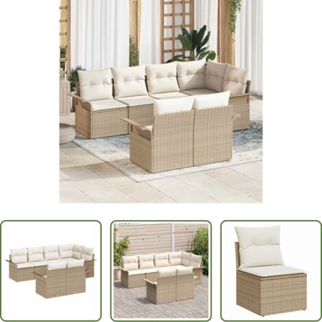 vidaXL Poltrona da giardino -  Set Divano da Giardino con cuscino 7 pcs Beige Poly Rattan