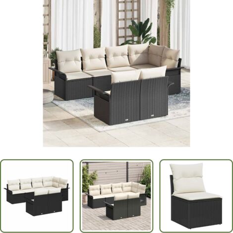vidaXL Poltrona da giardino -  Set Divano da Giardino con cuscino 7 pcs Nero Poly Rattan