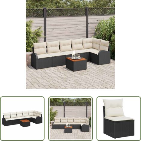 vidaXL Poltrona da giardino -  Set Divano da Giardino con cuscino 7 pcs Nero polyrattan