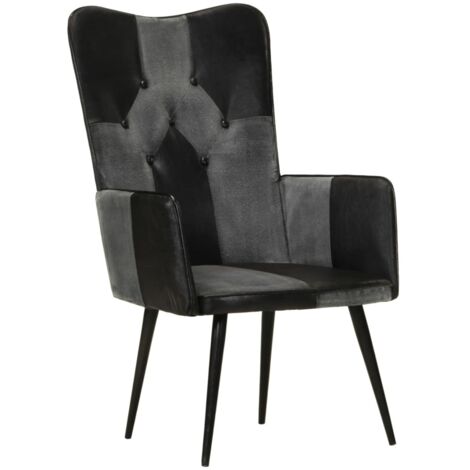 vidaXL Poltrona Wingback Nera e Grigia in Vera Pelle