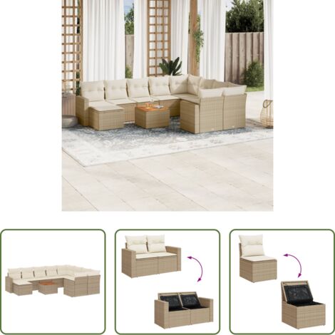 vidaXL Poltrone da giardino -  Set Divani da Giardino 11 pz con Cuscini Beige in Polyrattan