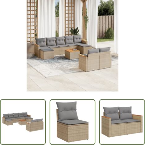 vidaXL Poltrone da giardino -  Set Divano da Giardino 10 pz con Cuscini Beige Misto Polyrattan