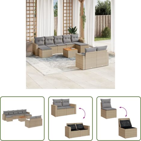 vidaXL Poltrone da giardino -  Set Divano da Giardino 10 pz con Cuscini Beige Misto Polyrattan
