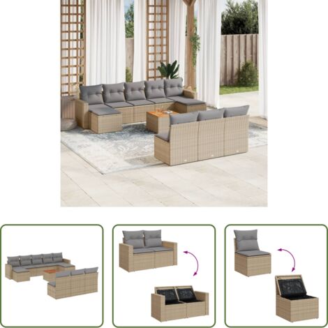 vidaXL Poltrone da giardino -  Set Divano da Giardino 11 pz con Cuscini Beige Misto Polyrattan