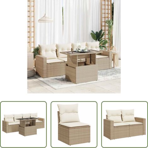 vidaXL Poltrone da giardino -  Set Divano da Giardino 5 pz con Cuscini Beige in Polyrattan