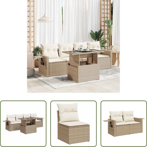 vidaXL Poltrone da giardino -  Set Divano da Giardino 5 pz con Cuscini Beige in Polyrattan