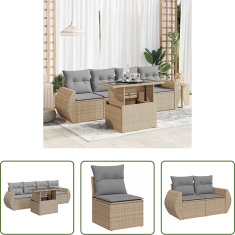 vidaXL Poltrone da giardino -  Set Divano da Giardino 5 pz con Cuscini Beige in Polyrattan