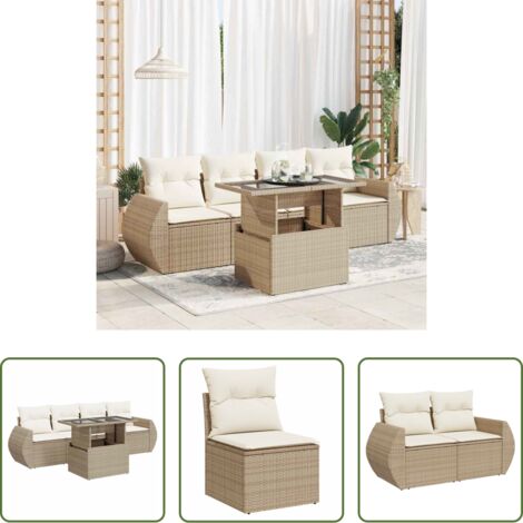 vidaXL Poltrone da giardino -  Set Divano da Giardino 5 pz con Cuscini Beige in Polyrattan