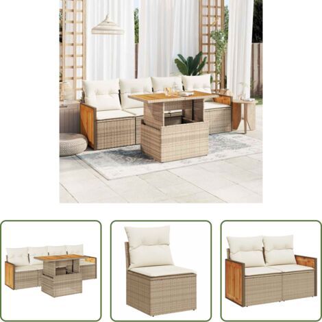 vidaXL Poltrone da giardino -  Set Divano da Giardino 5 pz con Cuscini Beige Polyrattan Acacia